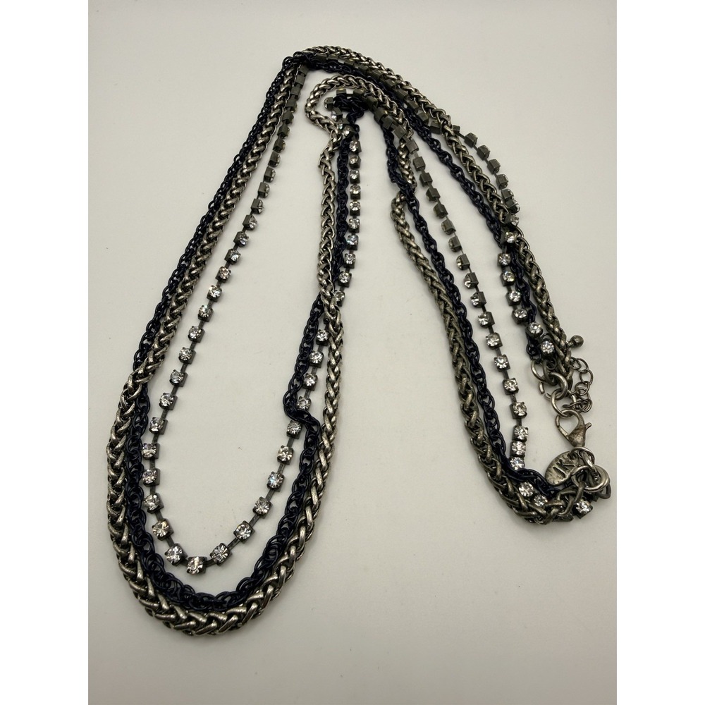 JK Brand Mixed Metal Necklace Navy Blue Gunmetal Rhinestone Triple Strand 32-34"